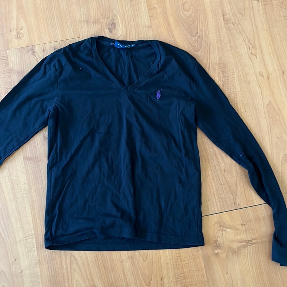 Ralph Lauren Sport V Neck Tee Sz S L/S Black Purple